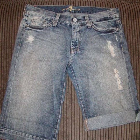 7 For All Mankind Pants - 7 FOR ALL MANKIND WOMENS DISTRESSED BERMUDA DENIM ROLLED SHORTS SZ 27 EUC!